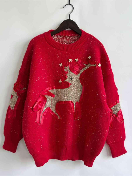 Cozy Festive Reindeer Print Sweater with Round Neck and Long Sleeves