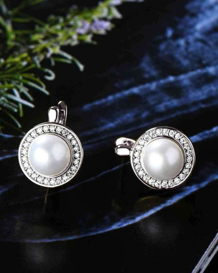 Sophisticated Moissanite and Pearl Sterling Silver Earrings with Elegant Platinum Finish