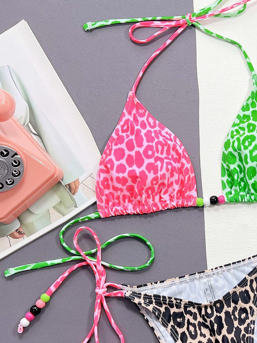 Leopard Print Lace-Up Halter Bikini Set