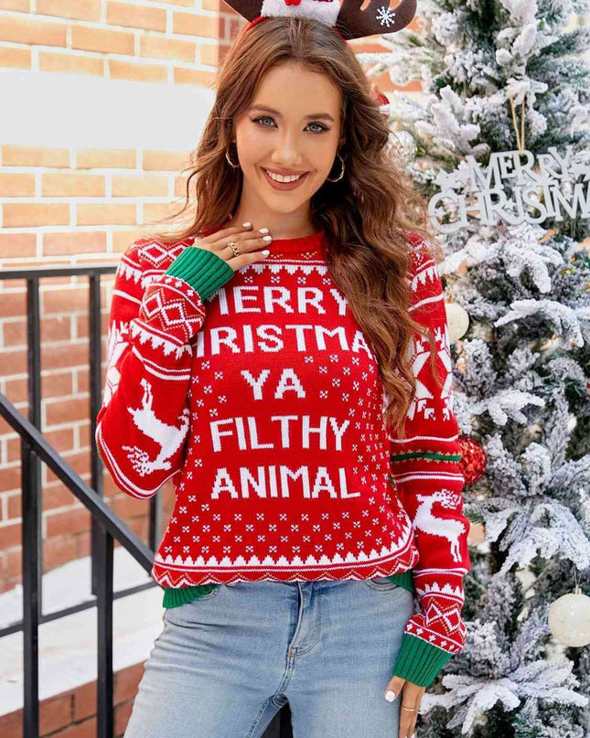 Festive Cheer Letter Print Crewneck Sweater - Warm Acrylic Holiday Top