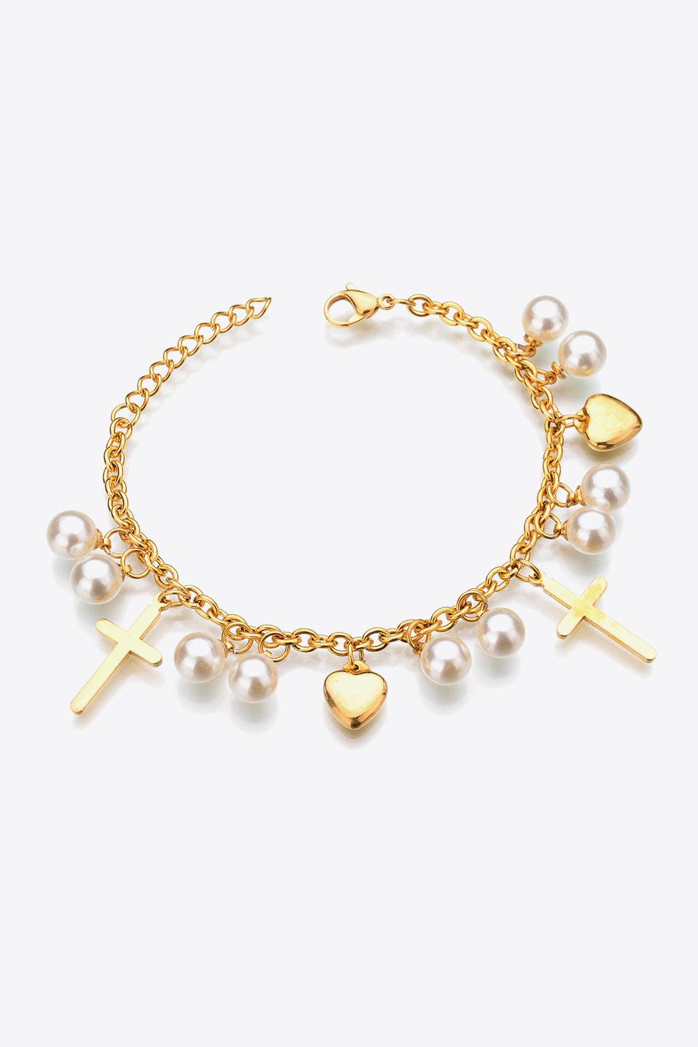 Heart Cross and Pearl Charm Stainless Steel Bracelet-Trendsi-Gold-One Size-Très Elite