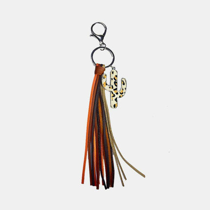 Whimsical Cactus Keychain with Leather Tassel - Trendy Keyring Fashion