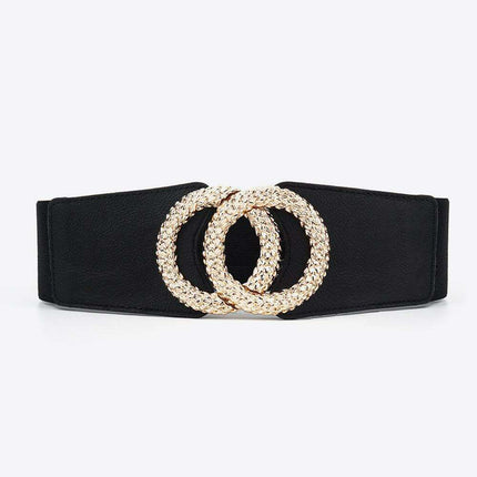 Elegant Circle Buckle Wide Stretch Belt in Premium PU with Unique Zinc Alloy Fastener