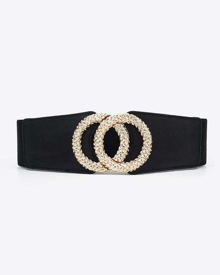 Elegant Circle Buckle Wide Stretch Belt in Premium PU with Unique Zinc Alloy Fastener