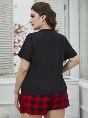Plus Size Round Neck Tee Shirt and Plaid Shorts Lounge Set-Trendsi-Black/Red-1XL-Très Elite