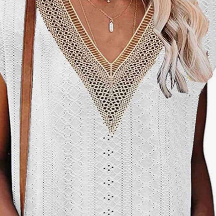 Elegant Eyelet Chevron V-Neck Tee with Stylish Openwork Design