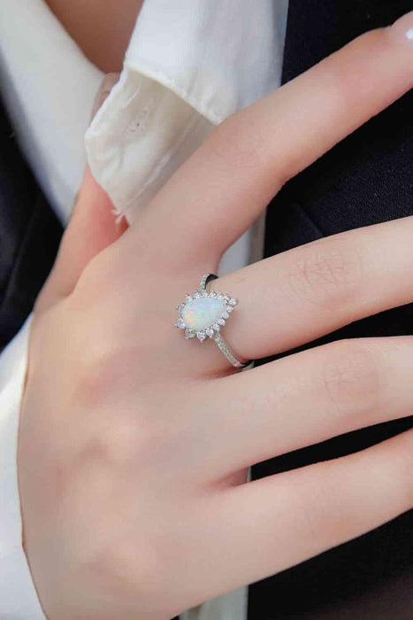 Opal Gemstone Ring with Stunning Zircon Accents in Platinum-Plated Finish