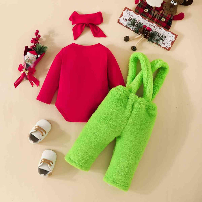Baby's First Christmas Festive Outfit Set with Graphic Bodysuit, Overalls, and Headband