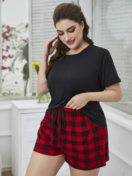 Plaid Plus Size Lounge Set with Tee and Shorts