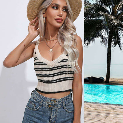 Stylish Striped Cropped Knit Top with Plunging V-Neck