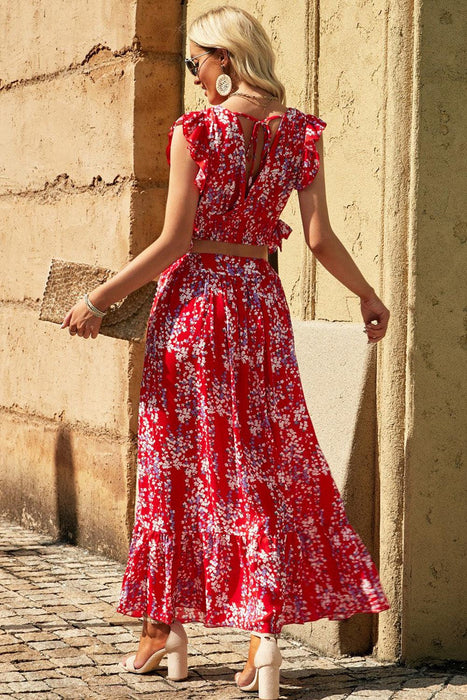 Floral Print Tie Back Top and Maxi Skirt Ensemble