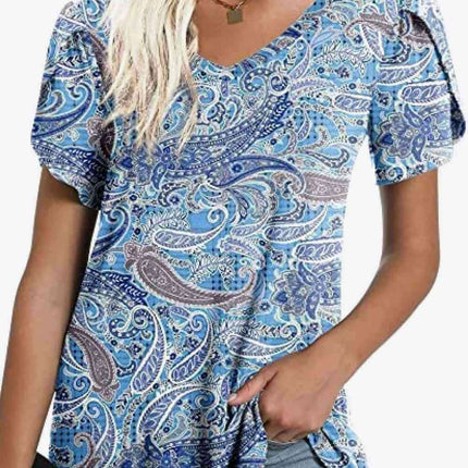 Chic Floral V-Neck Top with Delightful Petal Sleeves