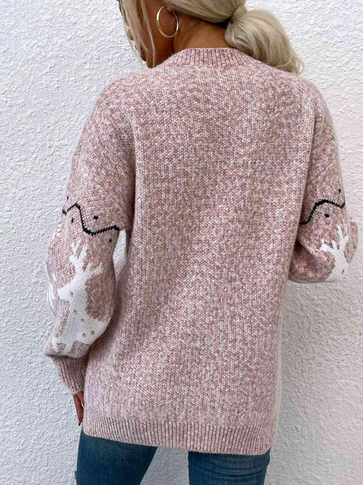 Cozy Reindeer Print Cardigan with Functional Pockets