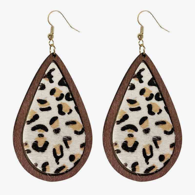Rustic Elegance Cowhide Leather and Wood Teardrop Earrings - Bold Western-Inspired Statement Accessories