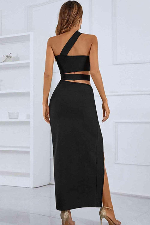 Elegant One-Shoulder Maxi Dress with Front Cutout and High Side Split for Formal and Evening Occasions