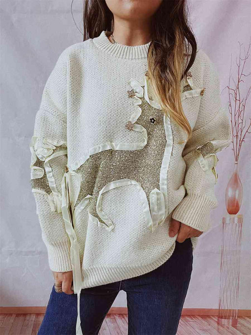 Festive Reindeer Pattern Sweater with Round Neck and Long Sleeves