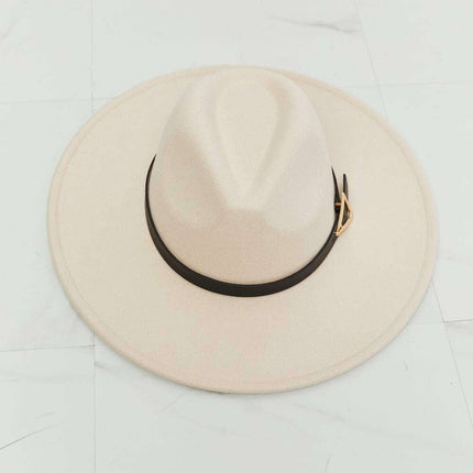 Elegant Beige Fedora Hat with Black Faux Leather Band and Gold Accent