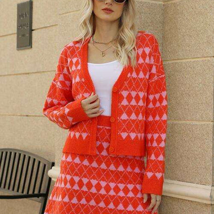 Elegant Geometric Knit Cardigan and Skirt Set
