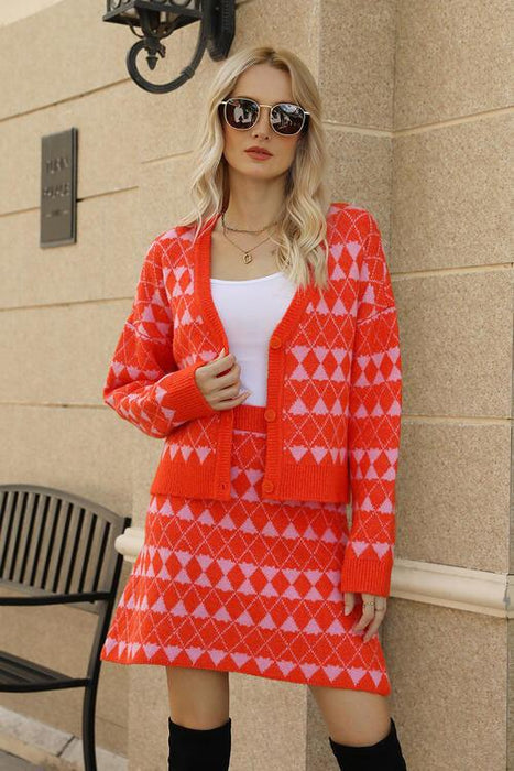Chic Geometric Knit Set with Cardigan and Skirt