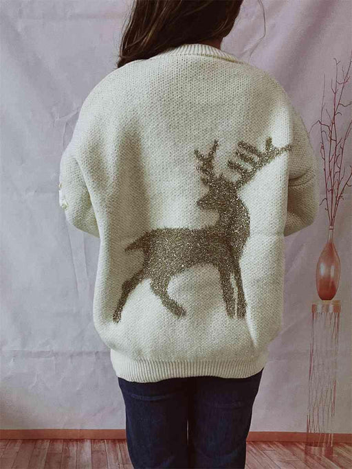 Festive Reindeer Pattern Sweater with Round Neck and Long Sleeves