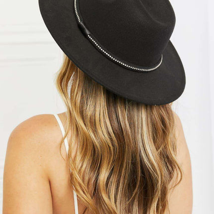 Elegant Black Fedora with Sparkling Rhinestone Details