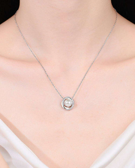Elegant Rhodium-Plated Necklace with Lab-Created Diamonds and Freshwater Pearls