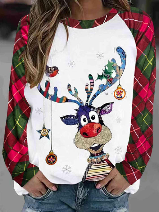 Cozy Holiday Reindeer Print Plus Size Plaid Long Sleeve Tee