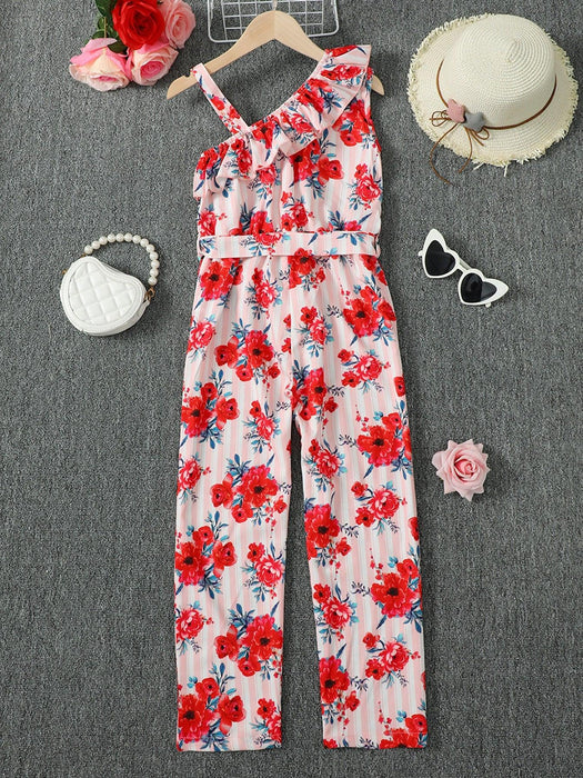 Floral Ruffle Asymmetric Romper with Tie Belt - Stylish Summer Jumpsuit for Women