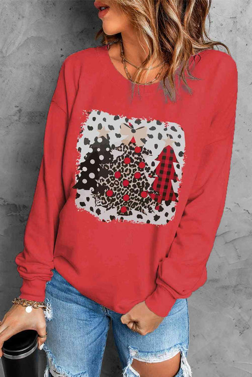 Festive Christmas Tree Print Stretchy Sweatshirt