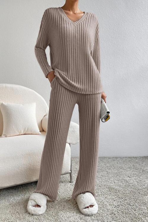 Cozy Ribbed V-Neck Lounge Set with Pants for Effortless Style