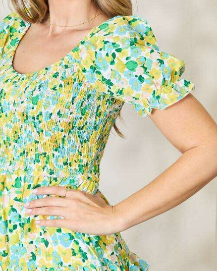 Charming Floral Smocked Mini Dress with Flouncy Sleeves