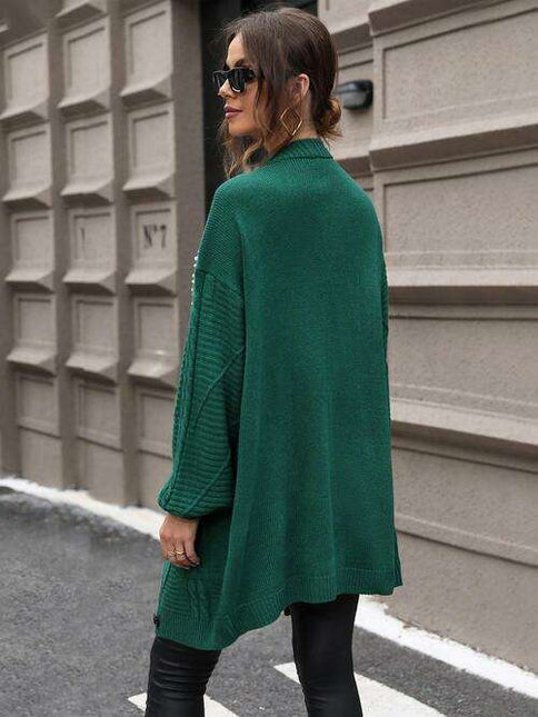 Sophisticated Pearl-Embellished Cable-Knit Cardigan with Practical Pockets