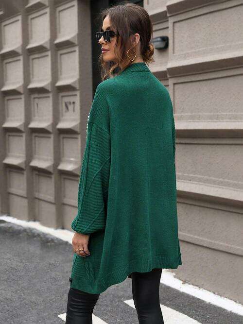 Sophisticated Pearl-Embellished Cable-Knit Cardigan with Practical Pockets