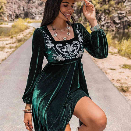 Sophisticated Long Sleeve Embroidered Square Neck Dress