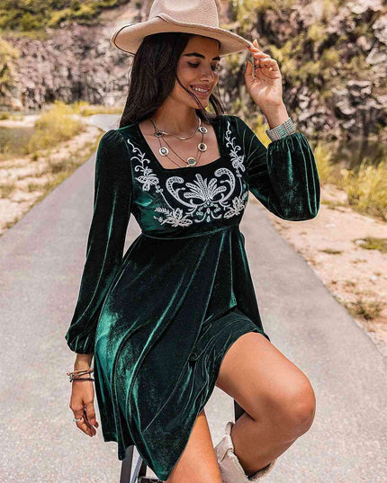 Sophisticated Long Sleeve Embroidered Square Neck Dress