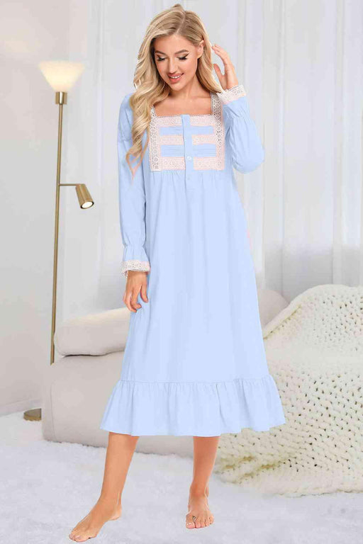 Nighttime Elegance: Cotton Blend Lace Nightgown with Flounce Sleeves