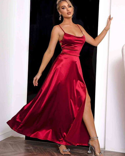 Elegant Lace-Up Back Maxi Dress with Front Split