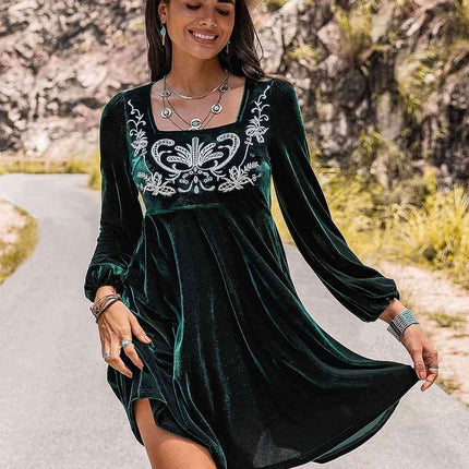 Sophisticated Long Sleeve Embroidered Square Neck Dress
