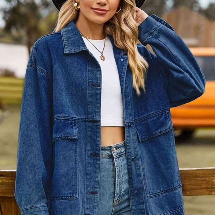 Trendy Oversized Denim Coat with Stylish Collar and Functional Pockets