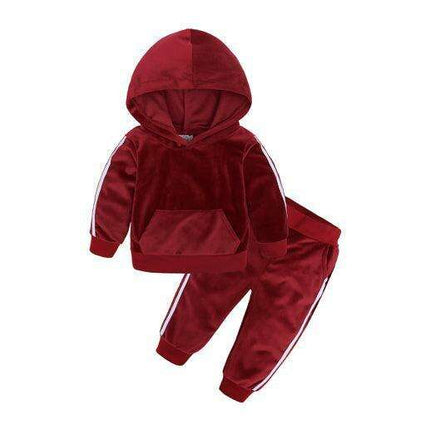 Trendy Gold Velvet Kids Hooded Pajama Set with Sporty Side Stripes