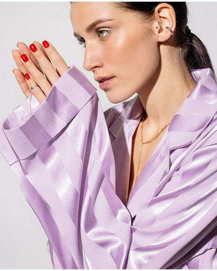 Lavender Silk Striped Blouse and Wide-Leg Trousers Set