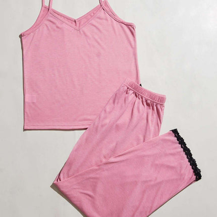 Chic Lace-Accented V-Neck Cami and Trouser Sleep Set
