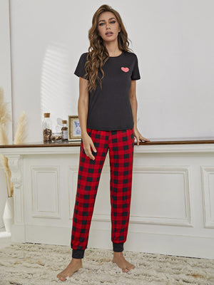 Heart Graphic Tee and Plaid Joggers Lounge Set-Trendsi-Black/Red-S-Très Elite
