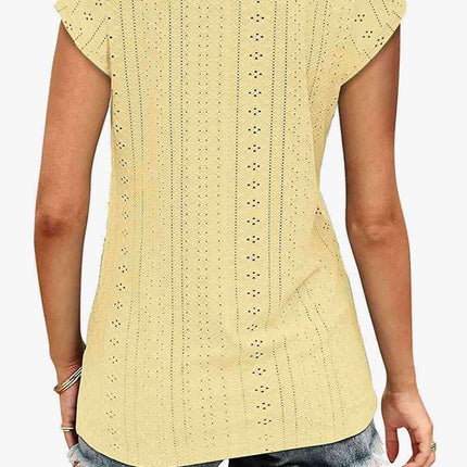 Elegant Eyelet Chevron V-Neck Tee with Stylish Openwork Design