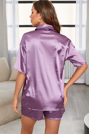 Dropped Shoulder Shirt and Smocked Shorts Pajama Set-Trendsi-Purple-S-Très Elite