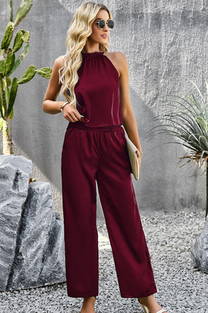 Grecian Neck Sleeveless Pocketed Top and Pants Set-Trendsi-Black-S-Très Elite