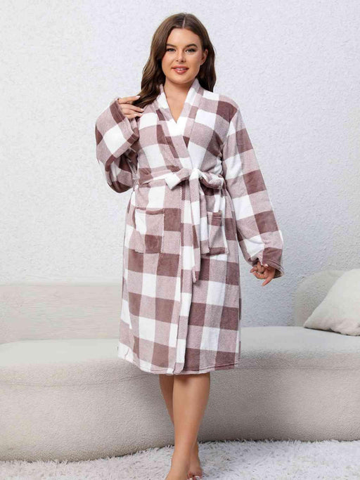 Tartan Tie-Front Robe - Luxurious Plaid Loungewear with Handy Pockets