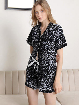 Lapel Collar Shirt and Shorts Pajama Set-Trendsi-Leopard-S-Très Elite