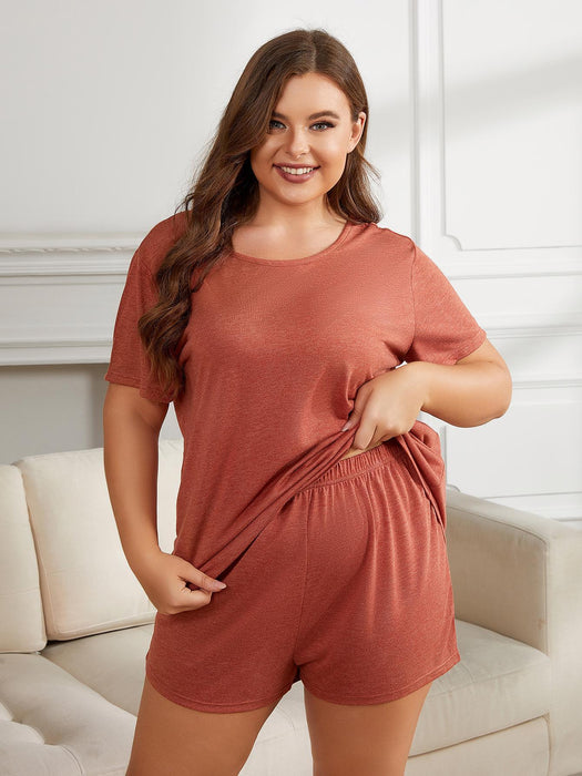 Plus Size Women's Cozy Lounge Set - Short Sleeve Top and Shorts with Solid Pattern