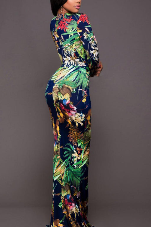Floral Print V-Neck Maxi Dress with Elegant Leg Split